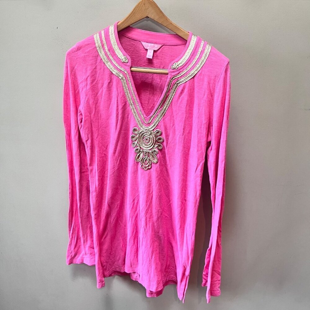 Lilly Pulitzer Emerson Hotty Pink Long Sleeve Tunic Top Gold Applique Trim - Sz.